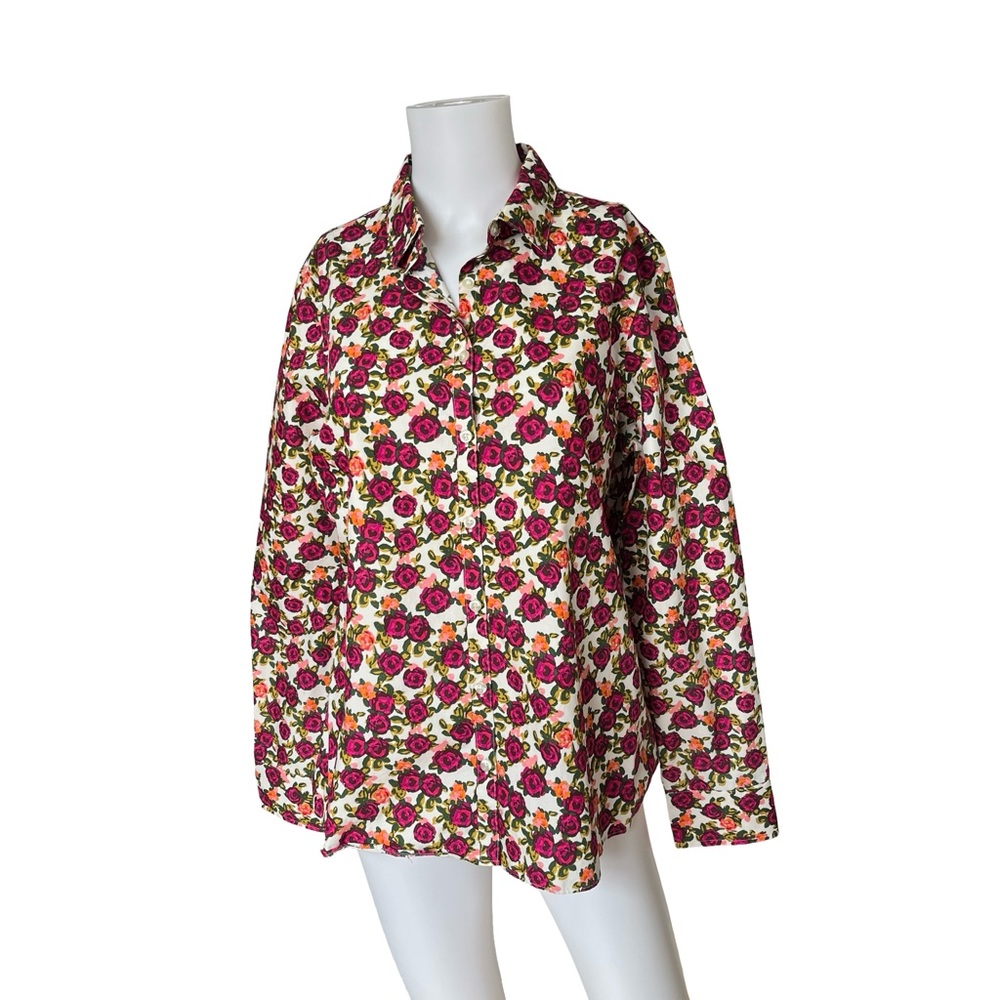 Lands End No Iron Supima Cotton Button Up Shirt Floral Print Womens Size 12
